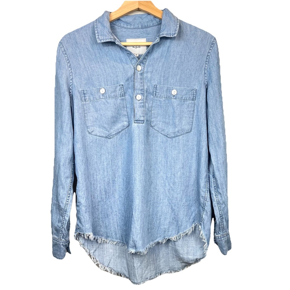 Rails Womens XS Blue Denim Pearl Snap‎ Popover Shirt Raw Hem Long Sleeve Coastal